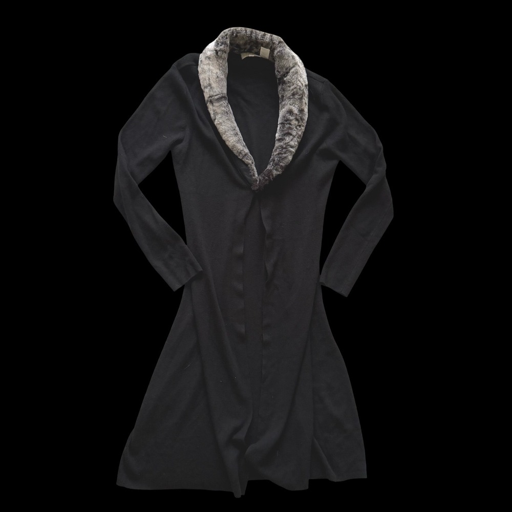 Cache Womens Black Faux Fur Collar Longline Cardigan Sweater Open Front 7550CS L
